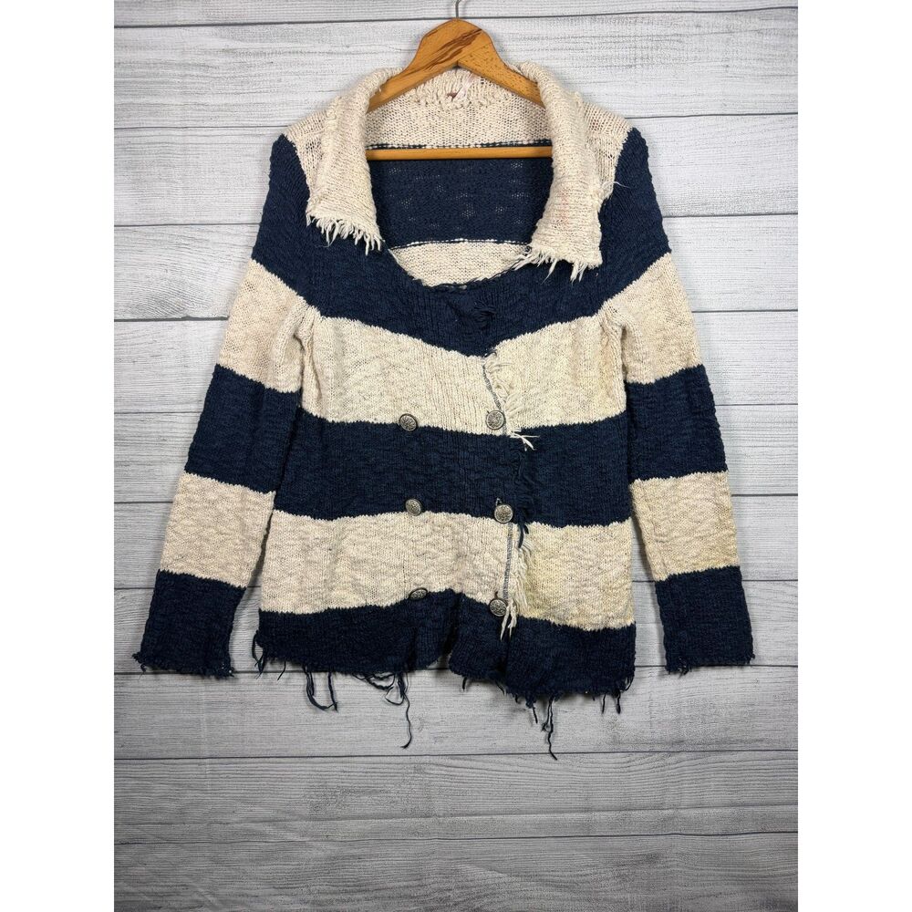 Free People Women's Small Navy Cream Striped Distressed Knit Cardigan 4793